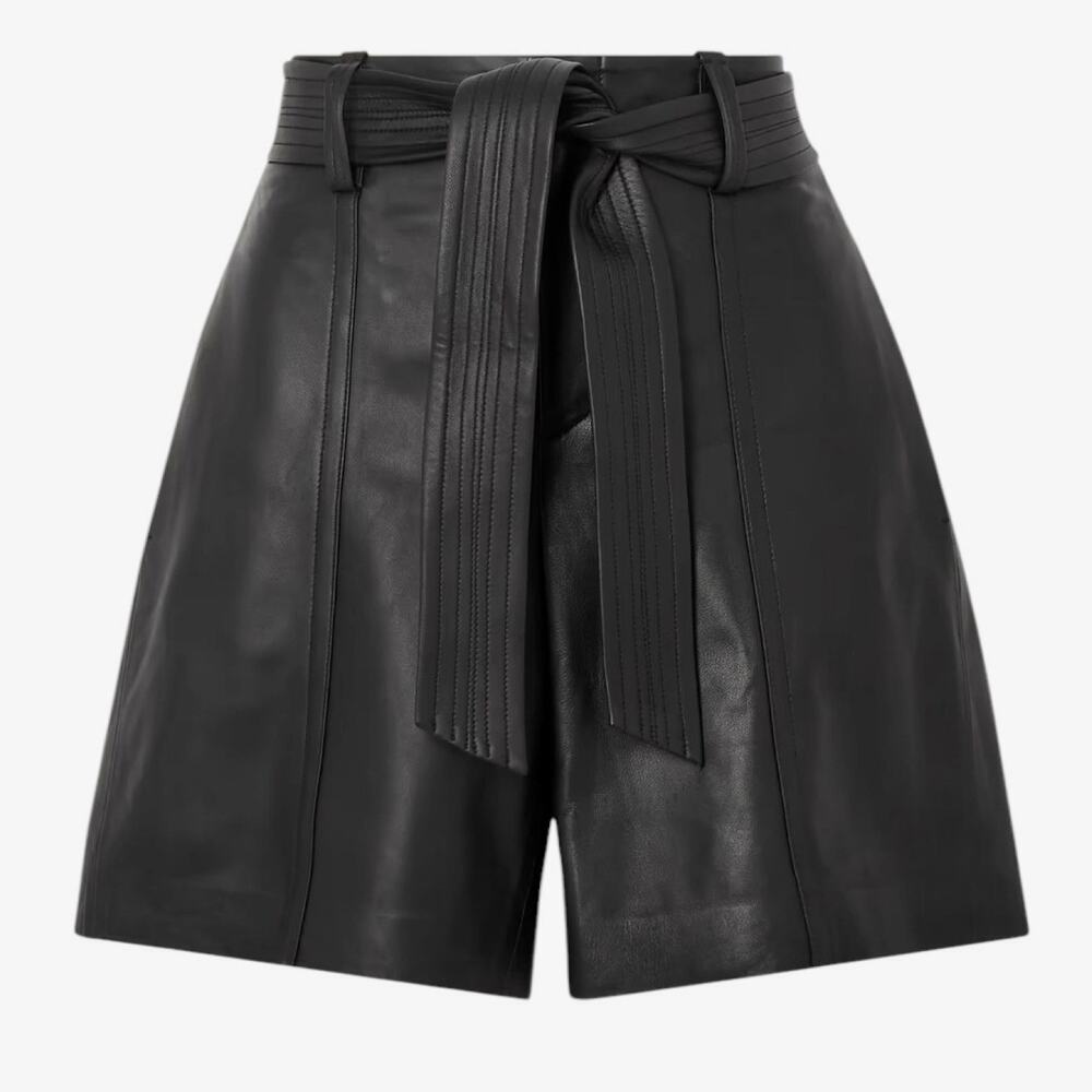Vince Black Leather High-Waist Tie Shorts